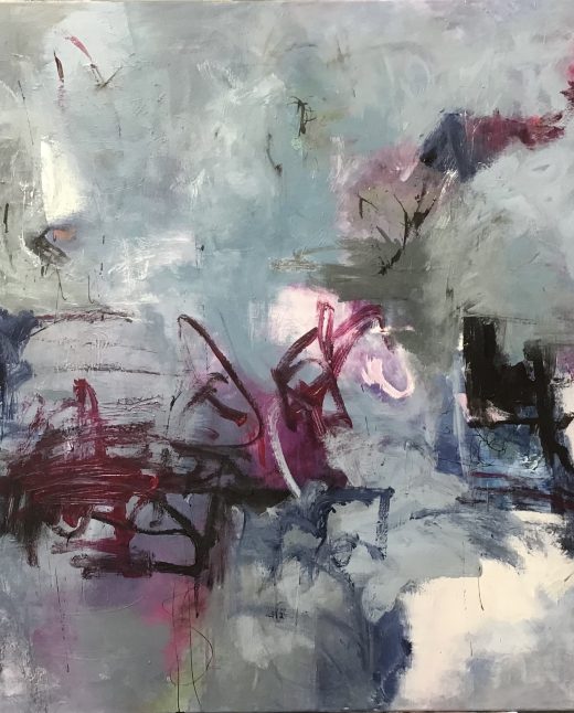 Abstract painting with deep blue, gray, and soft white tones, accented by expressive strokes of magenta and black, creating a dynamic and moody composition.