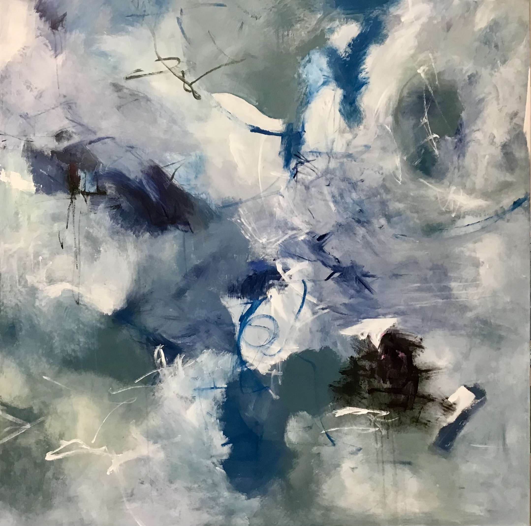 Large abstract painting featuring swirling shades of blue, gray, and white, with fluid brushstrokes and bold dark accents, evoking a sense of movement and depth.